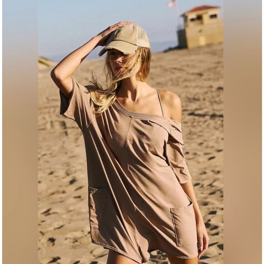 Free People Movement Women's Hot Shot Tee Romper Jumpsuit Mocha Latte Size S